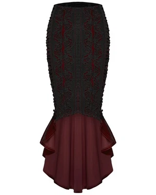 Punk Rave Womens Baroque Gothic Red Velvet Black Rose Lace Fishtail Skirt - Image 1 of 4