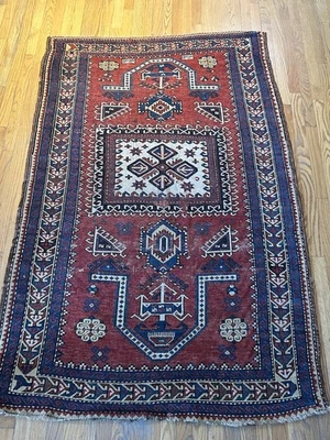 ANTIGUA ALFOMBRA DE ORACIÓN DOBLE MIHRAB CAUCÁSICA KAZAK C.1900 EXCELENTE ESTADO 4’3x6’6 Foto 1 de 4