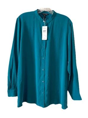 Camisa EILEEN FISHER NUEVA CON ETIQUETAS Talla S Seda Georgette Crepé Cuello Mandarín Verde azulado $278 Foto 1 de 4