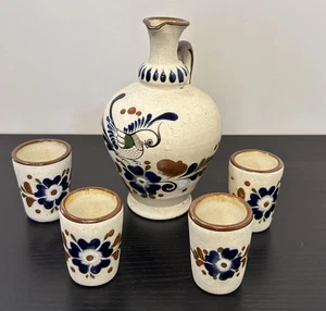 Cerámica mexicana Tonala arenisca arte popular esmalte con jarra floral/pájaro 4 tazas - Imagen 1 de 13