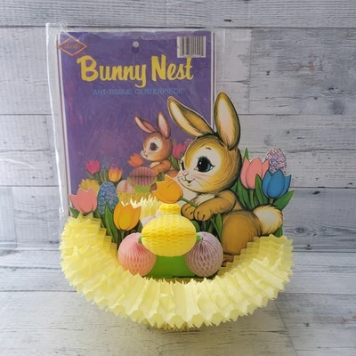 Vintage 70s Beistle Easter Bunny Nest Bowl Eggs Tissue Paper Centerpiece Decor  - Image 1 of 4