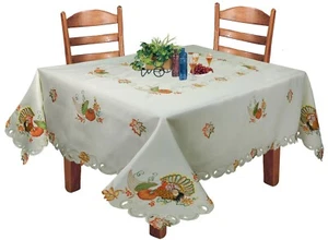 Creative Linens Fall Harvest Thanksgiving Turkey Pumpkin Tablecloth Napkin Ivory - Picture 1 of 12