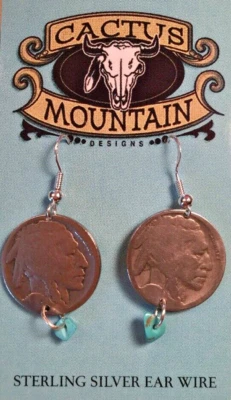 Hermosos Pendientes Cabeza India Níquel Hechos a Mano en EE. UU. Cactus Mountain Diseños Foto 1 de 3