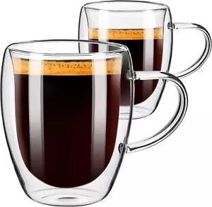Set of 2 Double Wall Glass Coffee Mugs, 12 OZ Insulated Coffee Cups with Handle - Picture 1 of 8