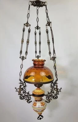 Lámpara de techo colgante vintage Hurricane ámbar y metal querubines guardianes Foto 1 de 4