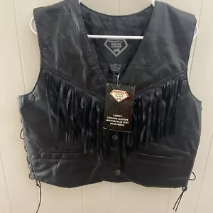 Diamond Plate Fringe Women Leather Motorcycle Sleeveless Biker Vest Sz 2X Black - Picture 1 of 22