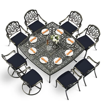 Juego de mesa y silla cuadrada de patio de aluminio fundido para exteriores de 9 piezas Foto 1 de 4