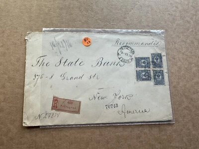 Russia 1916 Reg Cover to US (08) +Franking Coat of Arms #79(4) +Green Seal Label - Image 1 of 4