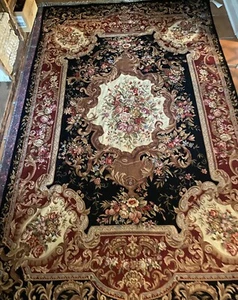 Handmade Needlepoint Black Gold Red Floral Chinese Rug Wall Hanging 8’8” X 5’4” - Picture 1 of 5