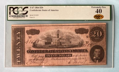 1864 $20 Confederate Sates Twenty CSA Banknote ~ Choice XF PCGS 40 ~ Currency - Image 1 of 4