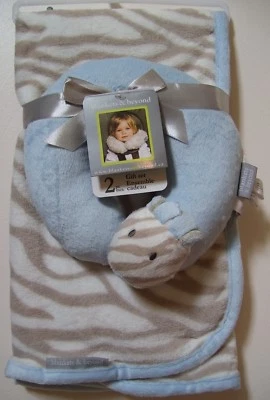 Blankets & Beyond 2 Pc Blue Tan Zebra Safari Baby Blanket & Travel Pillow - Image 1 of 2