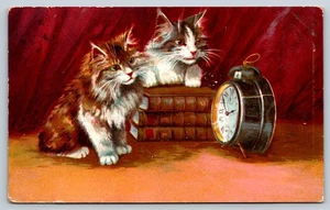 Cats Kittens Watching Alarm Clock Postcard 1909 Maurice Boulanger? Artist - Picture 1 of 3