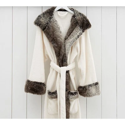Pottery Barn Faux Fur Ombre Trim Bath Robe Women's Small Luxury Hooded Fleece  - Image 1 of 4