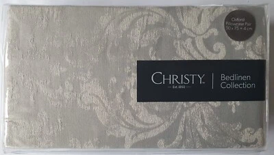 CHRISTY Oxford Pillowcase PAIR Cotton Embroidered PALERMO SILVER GREY - Image 1 of 2