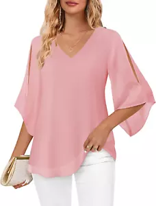 Womens Ruffle 3/4 Sleeve V Neck Double Layers Chiffon Blouses Dressy Tops - Picture 1 of 26
