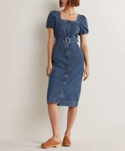 BODEN Square neck puff sleeve denim midi shirt dress size 16 reg D0343 -B27A - Picture 1 of 6