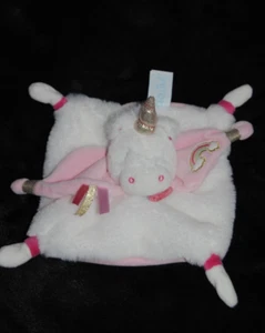 Doudou plat licorne BABY'NAT BABYNAT blanc fourrure rose arc en ciel NEUF - Picture 1 of 3