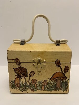 Cartera vintage Severin madera/corcho caja setas multicolor y mango de yute hecha a mano Foto 1 de 4