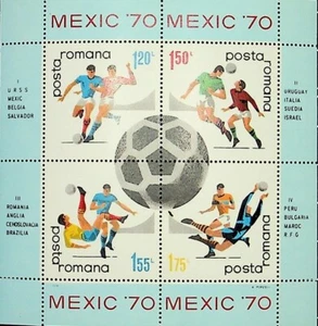Rumanía: Hoja de recuerdo de los Juegos Olímpicos y fútbol mexicanos de 1970. MNH + OG - Imagen 1 de 1