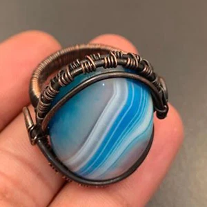 Blue Lace Onyx Gemstone Copper Wire Wrapped Ring US 8.5 Jewelry G18710 - Picture 1 of 3
