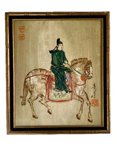 "Pintura al óleo original tradicional china antigua de colección Nobel hombre paseo caballo 27""H" - Imagen 1 de 24