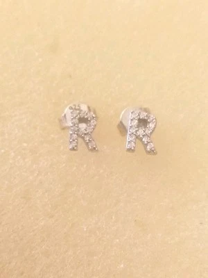 Sterling Silver CZ Initial Letter R Stud Earrings Hallmarked 0.7g 8x4mm Gift Bag - Image 1 of 4