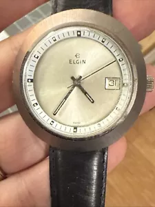 Rare UFO Vintage Swiss Elgin Ellipse Watch Silver tone Men’s leather Band Works - Picture 1 of 15