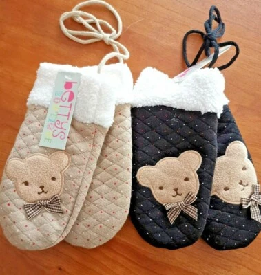 Winter Warm Mittens  Boy Girls Kids Sherpa Teddy Bear with String Gloves 1 size - Image 1 of 4