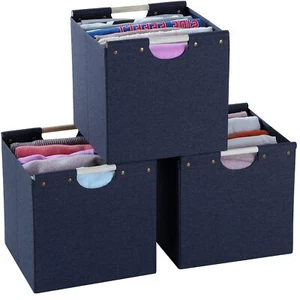 3er Pack 12" Faltbare Leinen Aufbewahrung Würfel Behälter mit Holzgriffen Kinderzimmer Büro Blau - Bild 1 von 7
