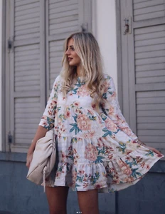 ZARA Cream Apricot Floral Seersucker Tiered Mini Dress Size S Bloggers Fave - Picture 1 of 6