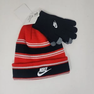Nike Beanie & Glove Set Red Black Unisex Striped 2 Piece 8/20 Logo Streetwear - Picture 1 of 8