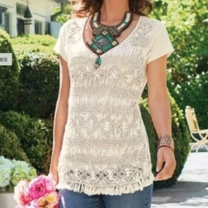Weiche Umrandung Creme Makramee Bohemian Kurzarm Häkeltop Größe Large - Bild 1 von 8