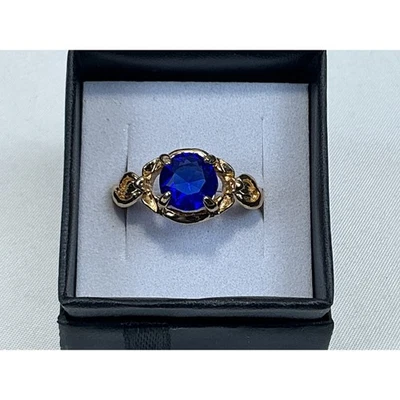 Золотистое кольцо с круглой огранкой имитация сапфира камень кольцо Sz7.5 бижутерия - Изображение 1 из 3