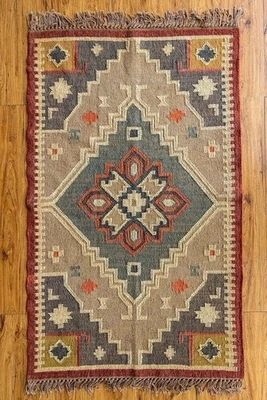 Handmade Woven Bohemian Farmhouse Decor Wool Jute Kilim Rug - Image 1 of 4