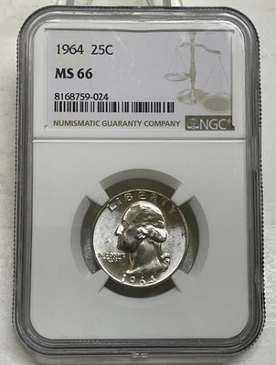 1964 Washington Quarter 25c NGC MS 66 Mint State Uncirculated Coin - Image 1 of 4