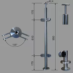 Edelstahl Geländer Pfosten RR 42,4 mit Eck 135° Glashalter V2A - Bild 1 von 1