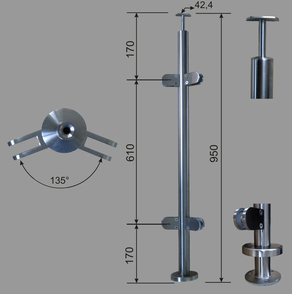 Edelstahl Geländer Pfosten RR 42,4  mit Eck 135° Glashalter V2A  - Bild 1 von 1