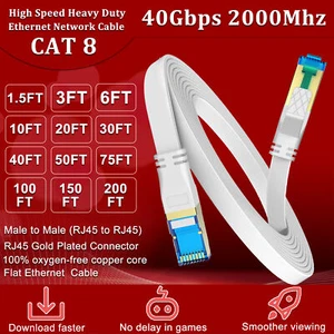 Cat 8 Flat Ethernet Cable , RJ45 High Speed Flat Internet Network LAN Cable Lot - Picture 1 of 8