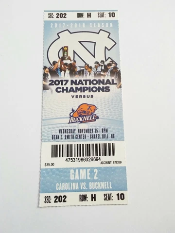 2017-18 North Carolina Tar Heels Bucknell Basketball Full Ticket Stub Cover