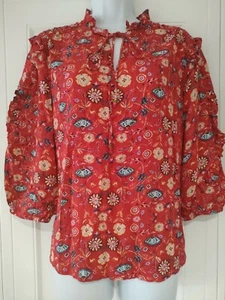 Womens Monsoon Red Floral Ruffle Frilly Pleated Tassels Metallic Boho Blouse S. - Picture 1 of 12