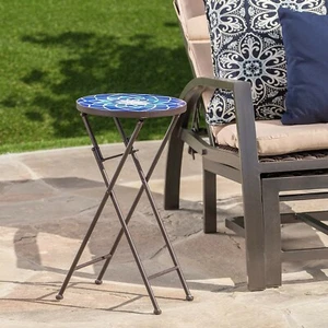 Outdoor Folding Accent Table with Glass Top and Iron Frame, White and Blue - New - Picture 1 of 8