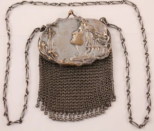 Antique Art Nouveau Silver Plated Chainmail Beaded Coin Makeup Mirror Purse - Picture 1 of 10