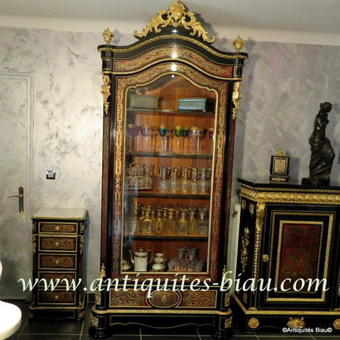 Large Showcase in Boulle marquetry 19th Napoleon III period tall cabinet Cover