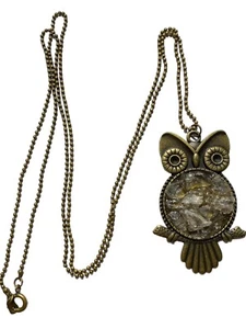 Owl Pendant Necklace Gold Tone Crystal Stomach Steampunk Eyes - Picture 1 of 4
