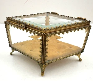 Antique Large French Deco Brass Beveled Glass Jewelry Casket Box Well Preserved! - Picture 1 of 10