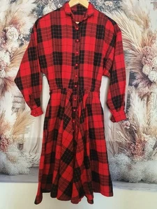 Vintage Red Black Plaid Midi Dress 80s Style Button Down | Handmade Fit & Flare - Picture 1 of 6