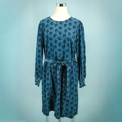 Boden Size 14L Long Blue Corduroy Flocked Floral Print Belted Long Sleeve Dress - Image 1 of 4