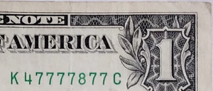 $1 Bill 2006 Fancy Serial Number TRINARY W/ 6OAK 6-of-a-kind (7s) - K 47777877 C - Picture 1 of 3