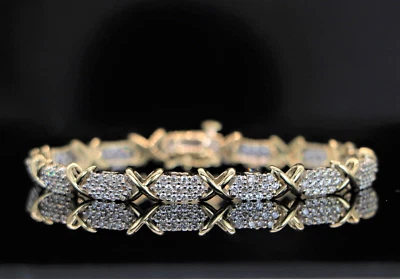 Brazalete de tenis JWBR de oro amarillo blanco de 10 k pavé de diamantes redondos X de 3,30 quilates $5,000 Foto 1 de 4
