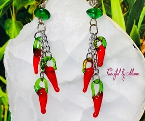 Chili Pepper Drop Earrings - Glass Chili Peppers - Statement - Unique Handcraft - Bild 1 von 6